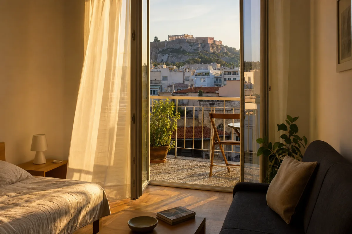Studio lumineux avec balcon donnant sur les toits d’Athènes au soleil couchant