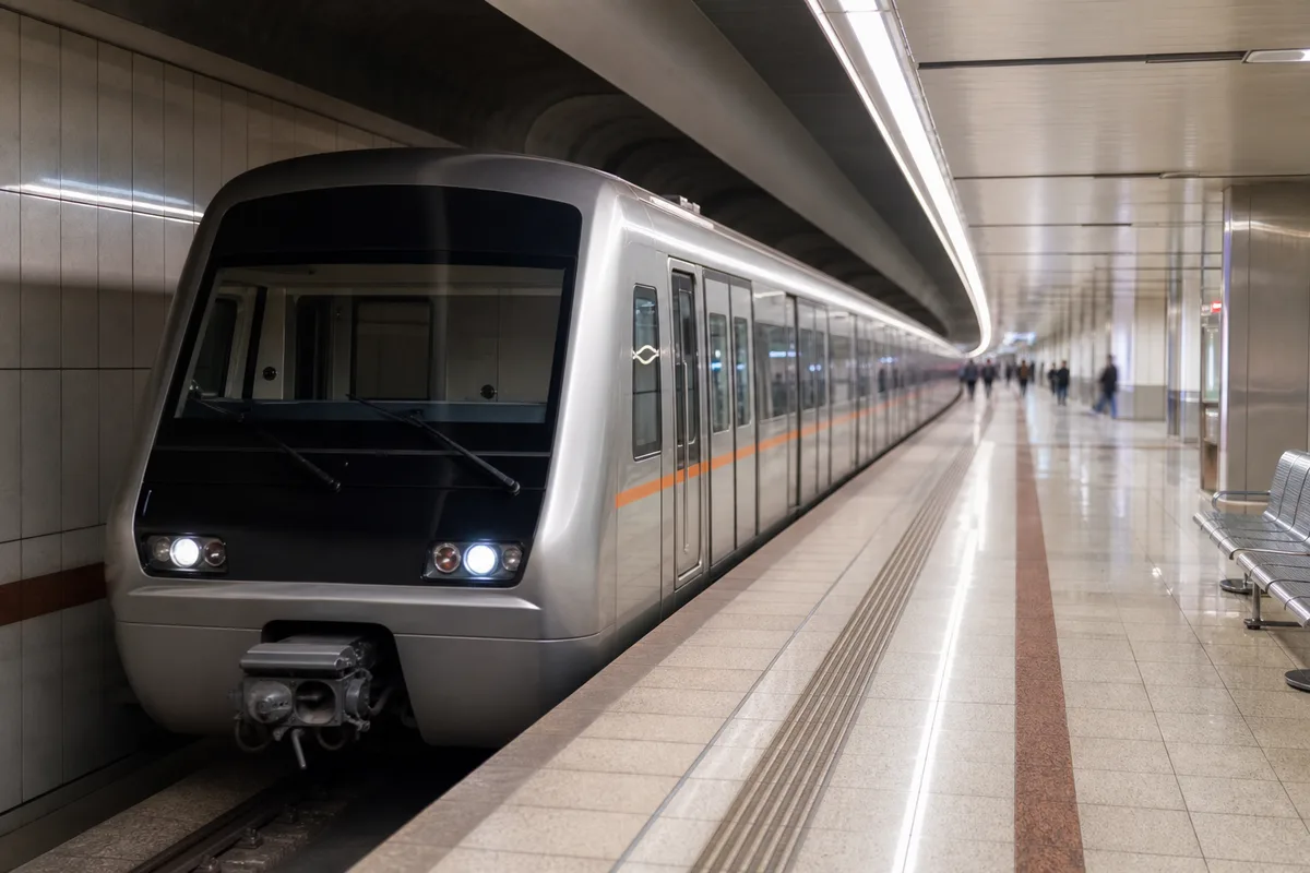 Rame de métro moderne à quai dans une station athénienne carrelée