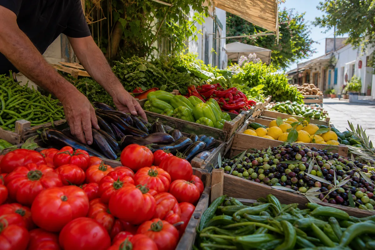 Étal coloré de fruits et légumes sur un marché de producteurs grec en plein air