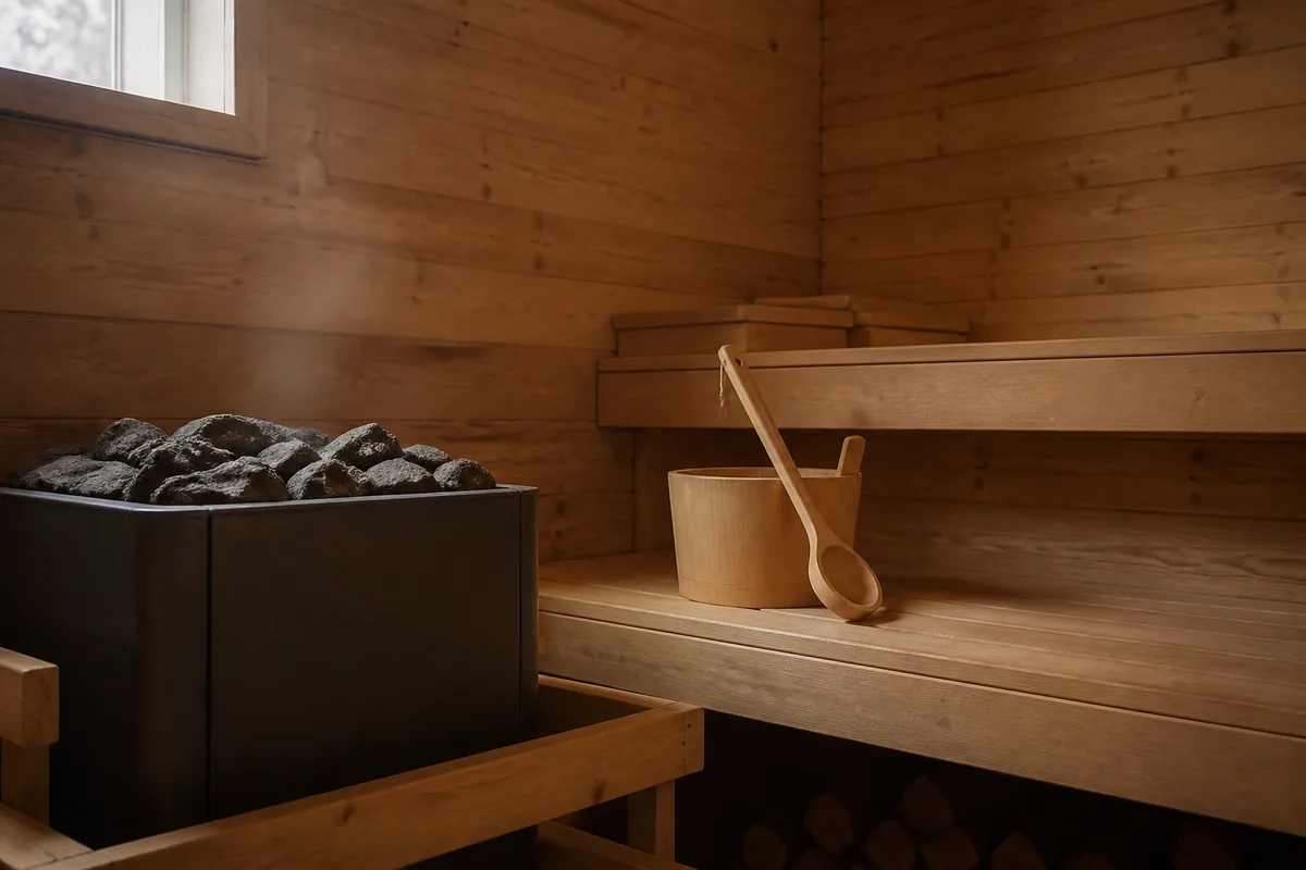 Cabine de sauna en bois clair avec poêle de pierres et louche posée sur un banc
