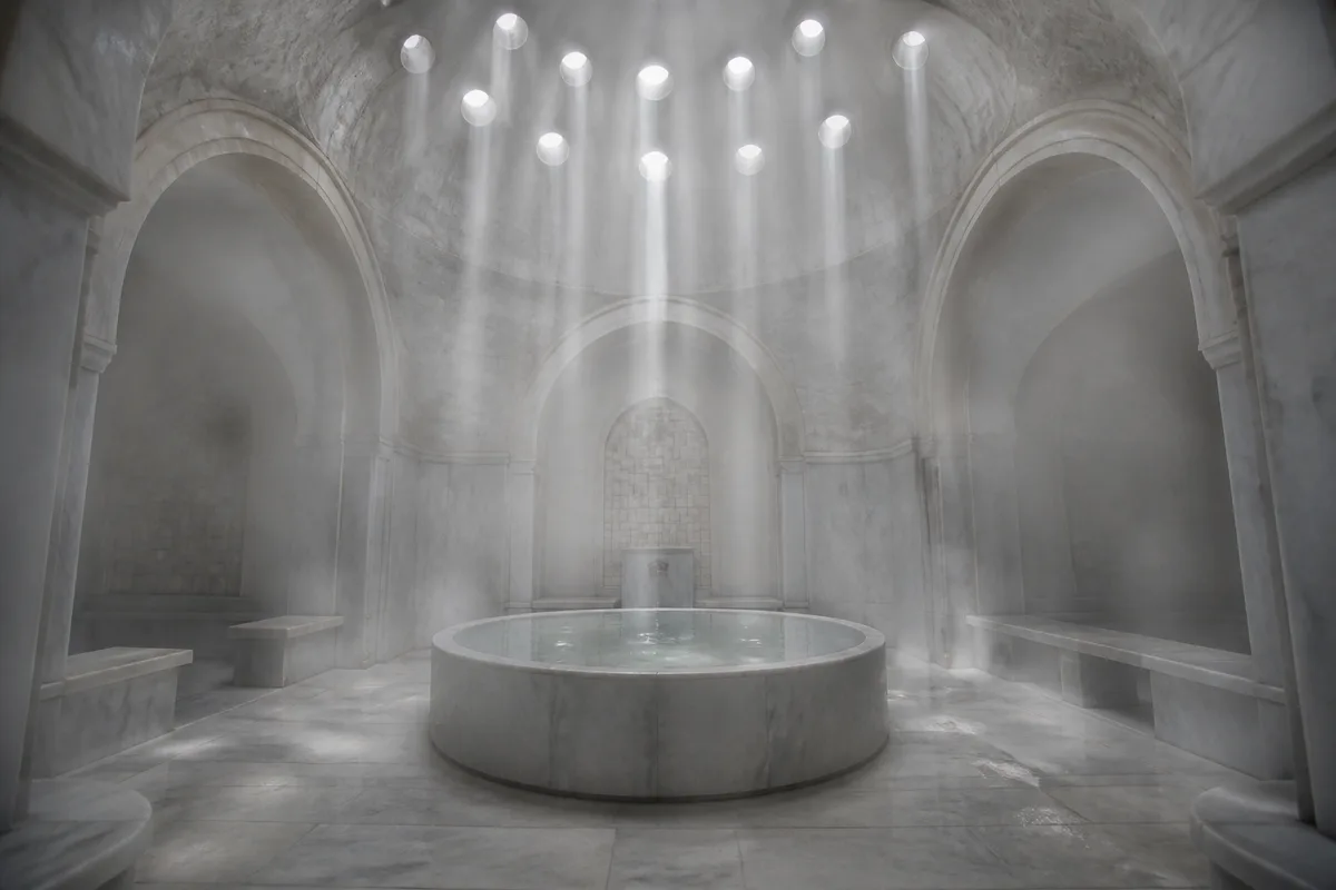 Salle de hammam voûtée en pierre claire, vapeur diffuse et vasque ronde remplie d eau