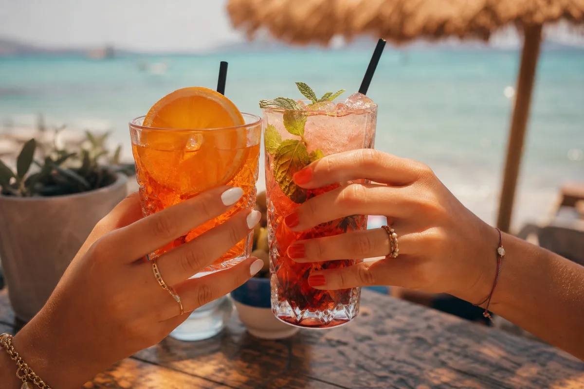 Deux verres de cocktail sur une table de bar de plage face à la mer Égée à Skala Eressos