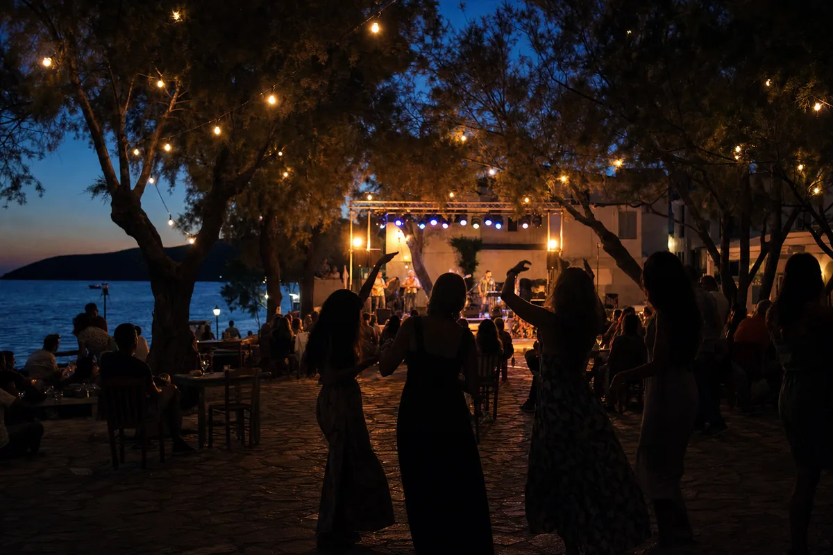 Concert en plein air le soir pendant le festival des femmes d’Eressos, silhouettes dansant sous les guirlandes