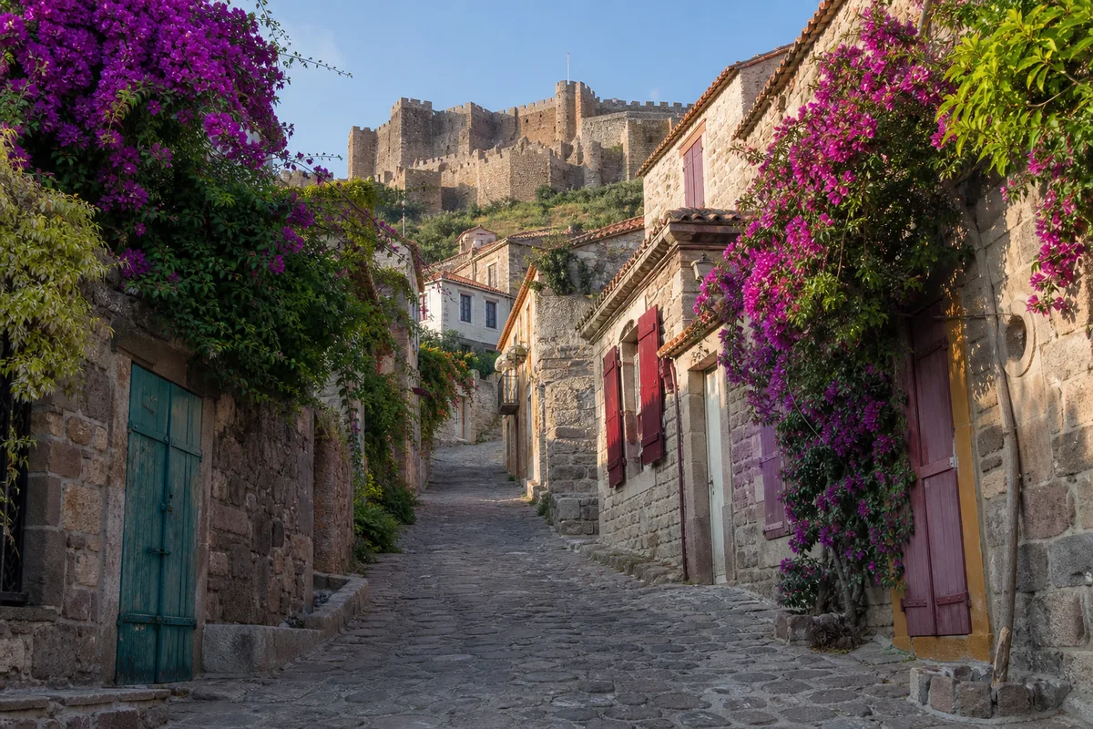 Ruelle pavée de Molyvos avec maisons en pierre, bougainvilliers et château byzantin en arrière-plan
