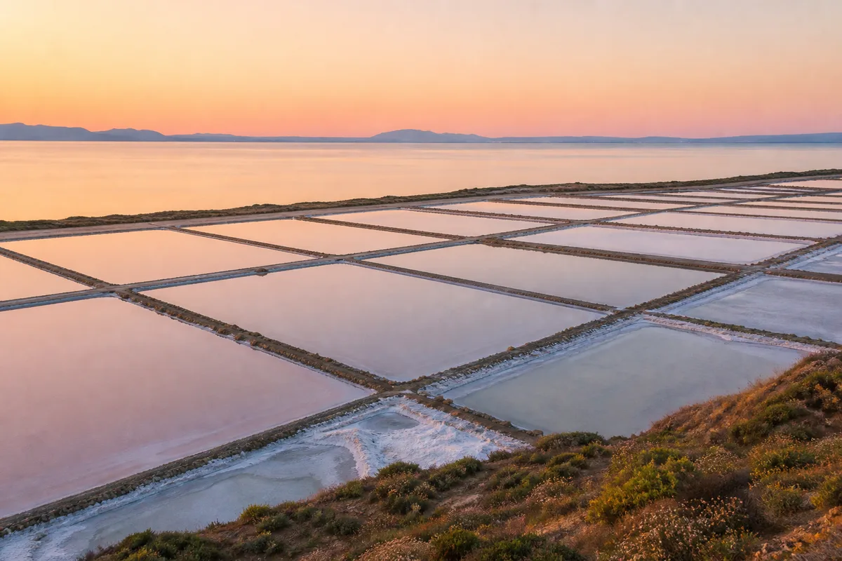 Bassins salants peu profonds bordés de digues au bord d’un golfe méditerranéen à l’aube