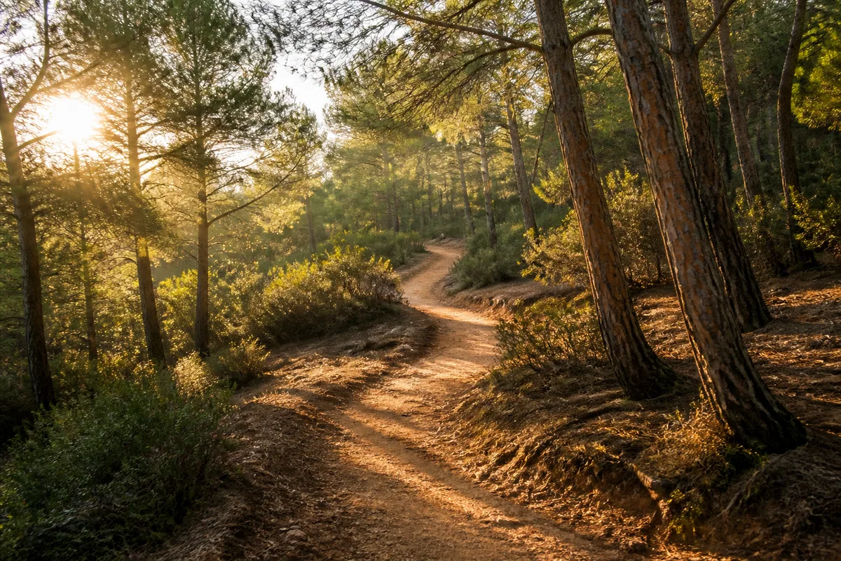 Sentier de terre traversant une pinède méditerranéenne clairsemée en lumière matinale