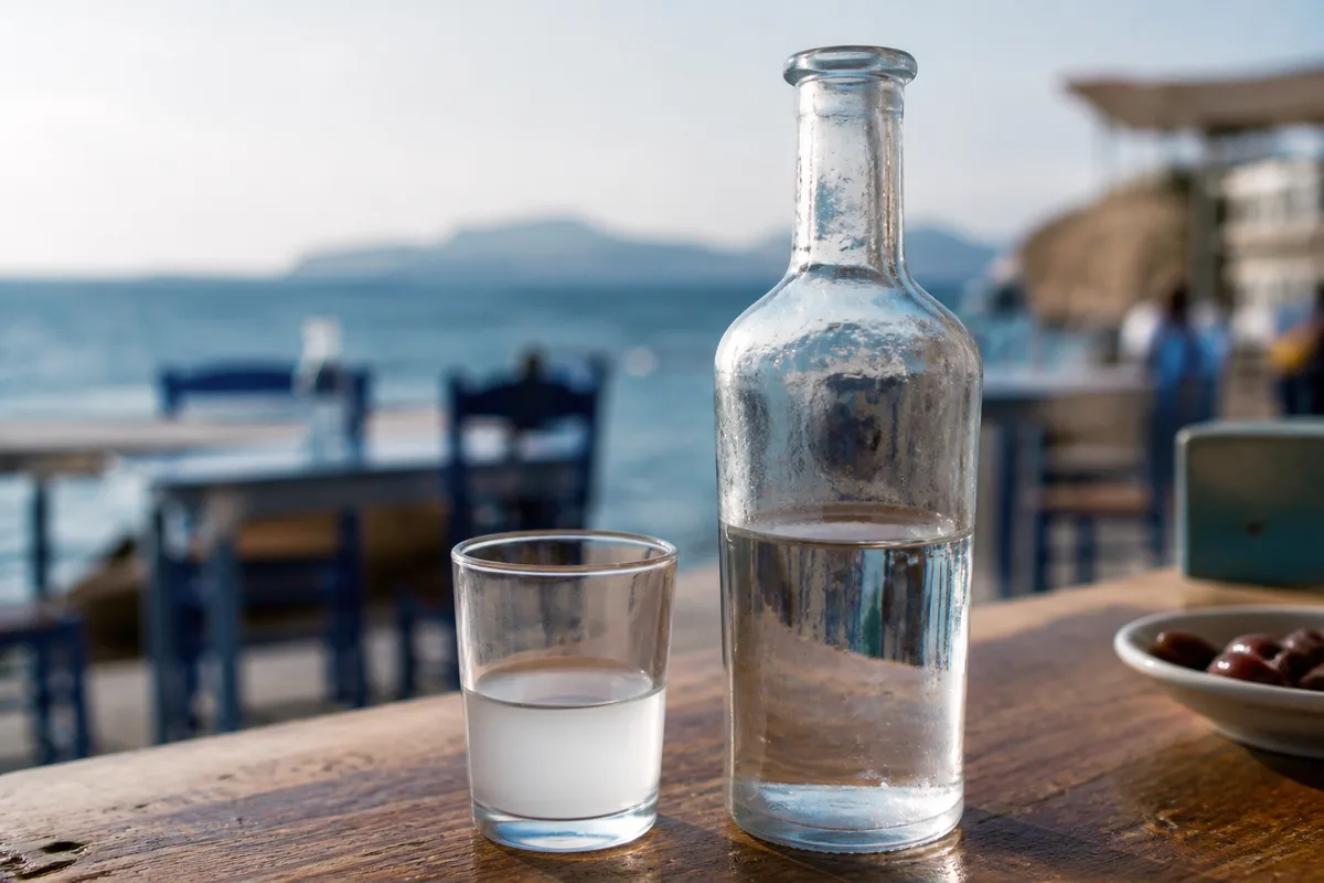 Bouteille d’ouzo grec et petit verre droit posés sur une table de taverne en bord de mer