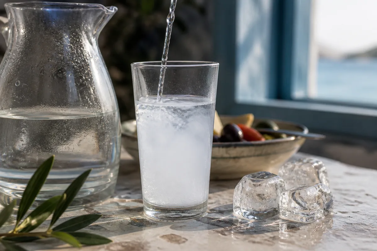Verre d’ouzo troublé par l’ajout d’eau, à côté d’un pichet et de glaçons