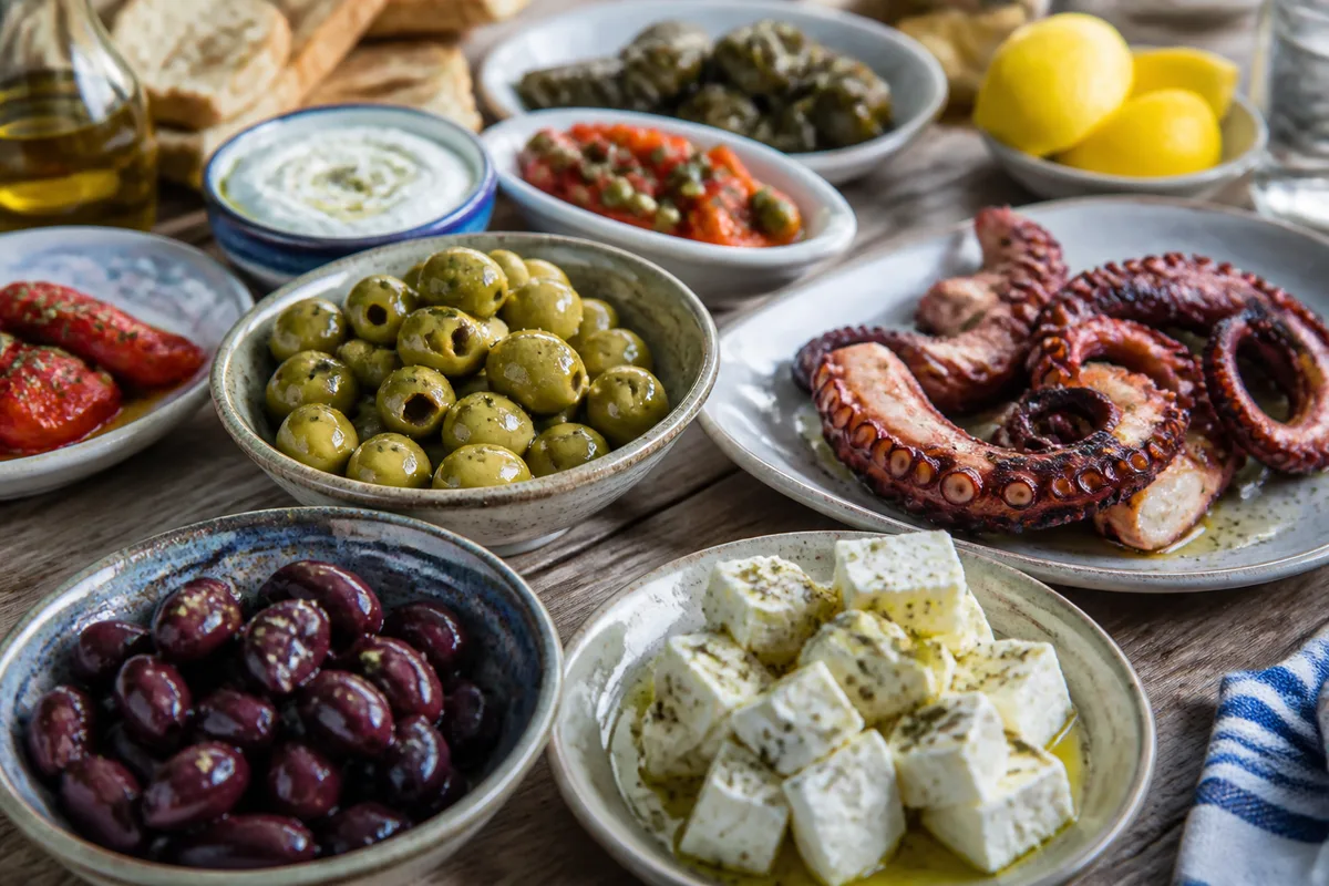 Étal de mezedes grecs avec olives, feta et poulpe grillé sur une table en bois