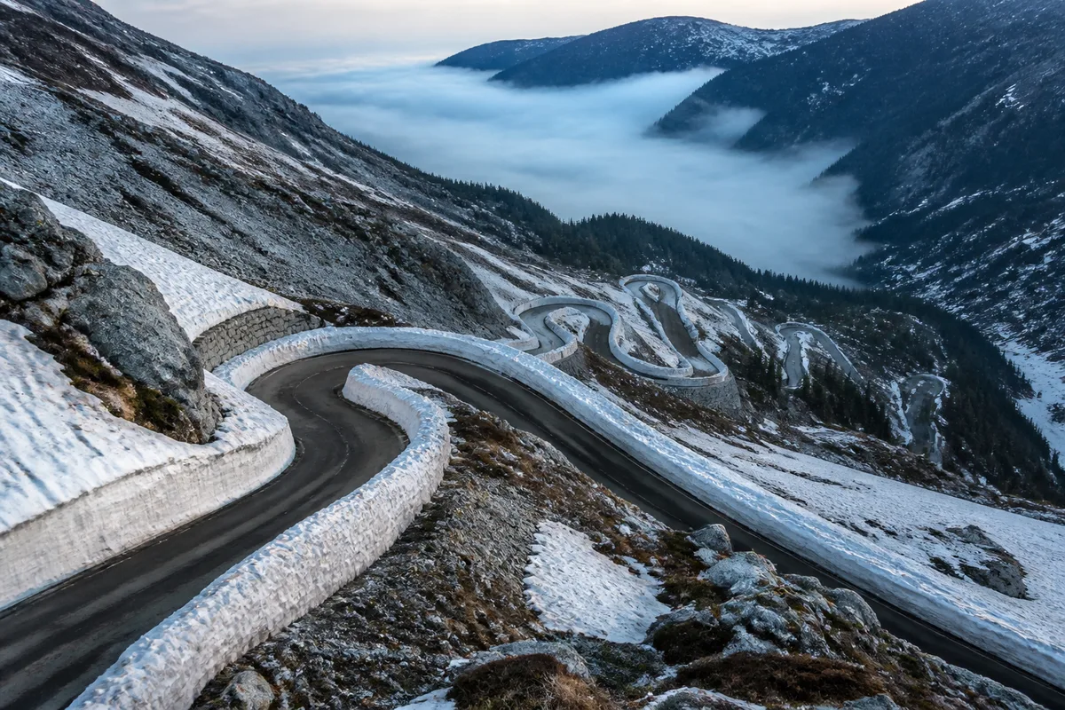 Route de montagne serpentant entre des pentes enneigées dans un parc national américain au petit matin