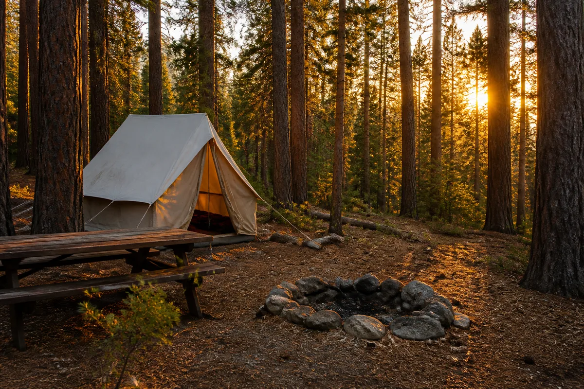 Emplacement de camping avec tente et table de pique-nique sous de grands pins, lumière dorée de fin de journée